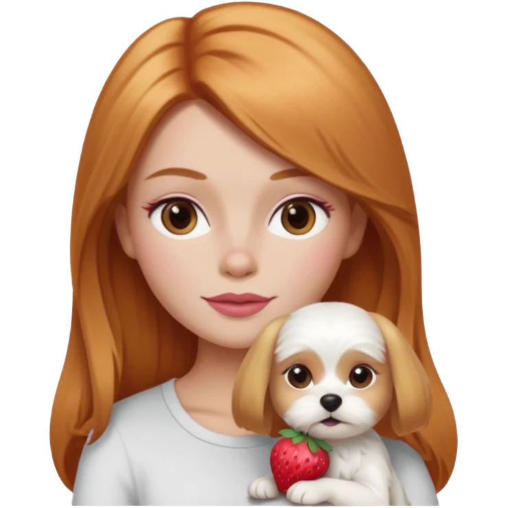 white Maltese terrier with pink nose sitting on lap of girl with long blow-dried strawberry blond hair, brown eyes, thin eyebrows, slim nose, beautiful lips, Apple memoji emoji style emoji