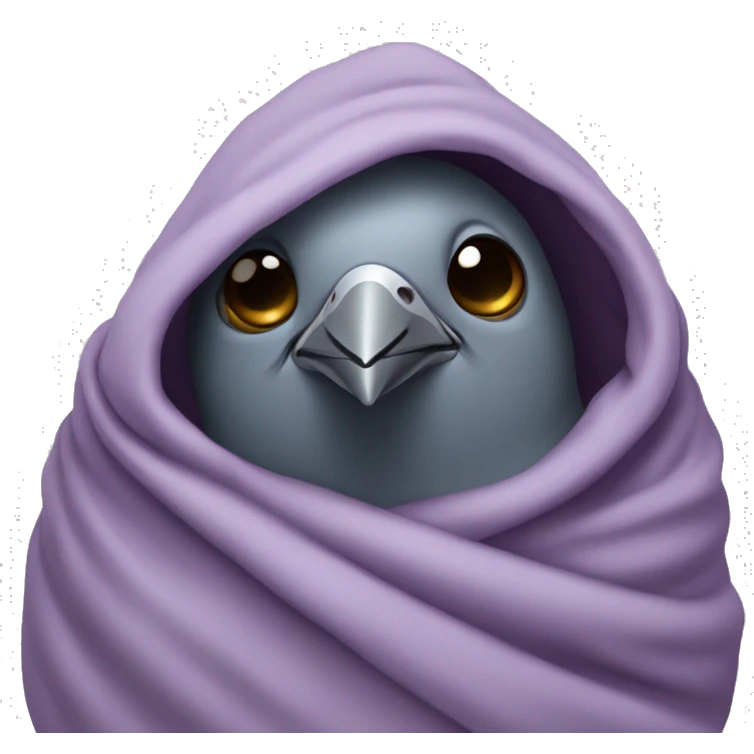 Pigeon wrapped in blankie like a hood emoji