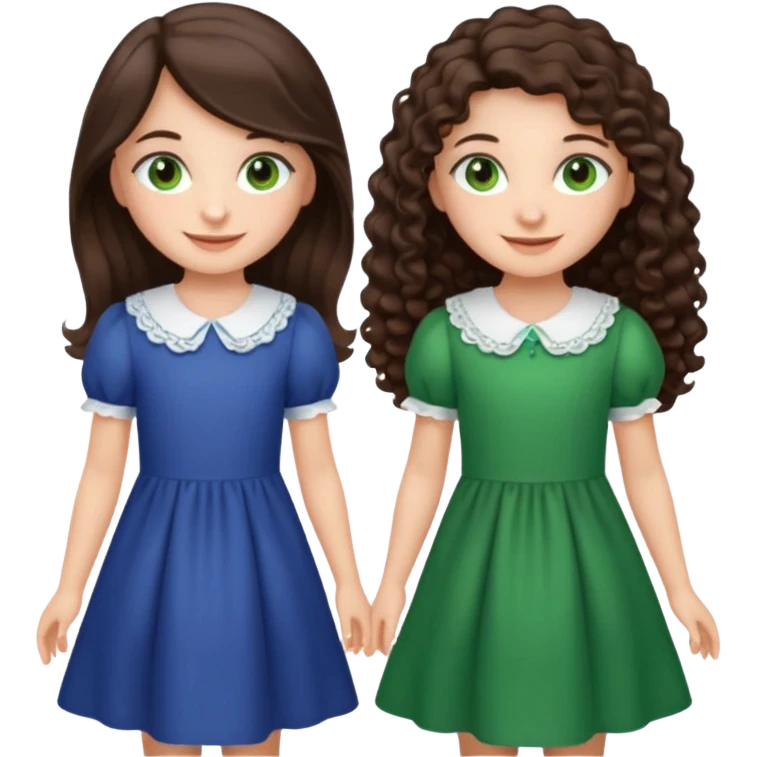 Two moppet girls, 1: long ironed straight darkbrown hair, green eyes, 2: long curly darkbrown hair, brown eyes emoji