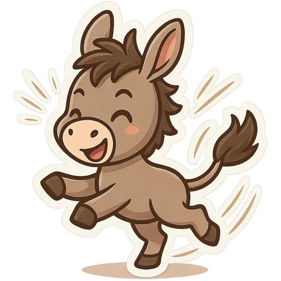 cartoon donkey kicking backward, energetic motion lines, playful style emoji