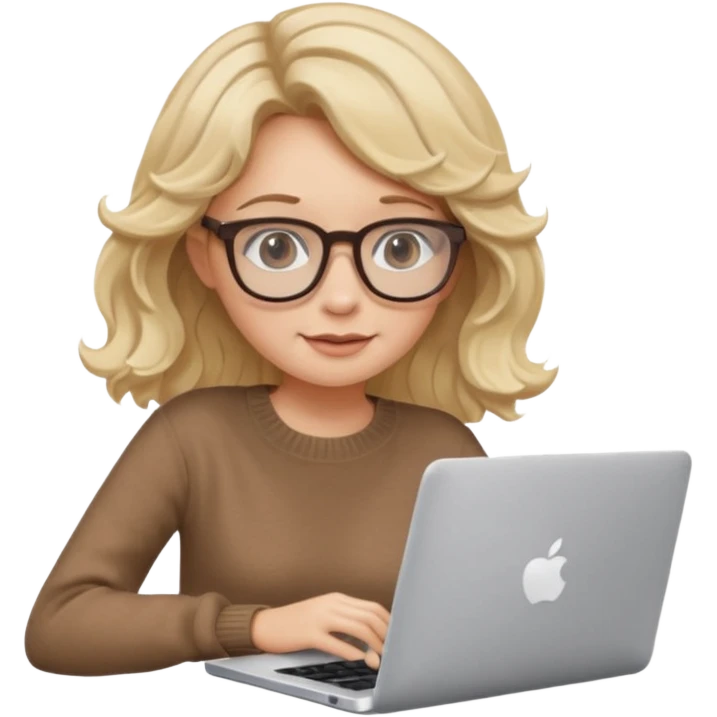 iOS style emoji, upper body view: blonde girl with dark blonde wavy hair, wearing pantos-style glasses and a brown sweater, sitting with a laptop, flat vector design, soft pastel colors, white background, Apple emoji style, upper body shot emoji