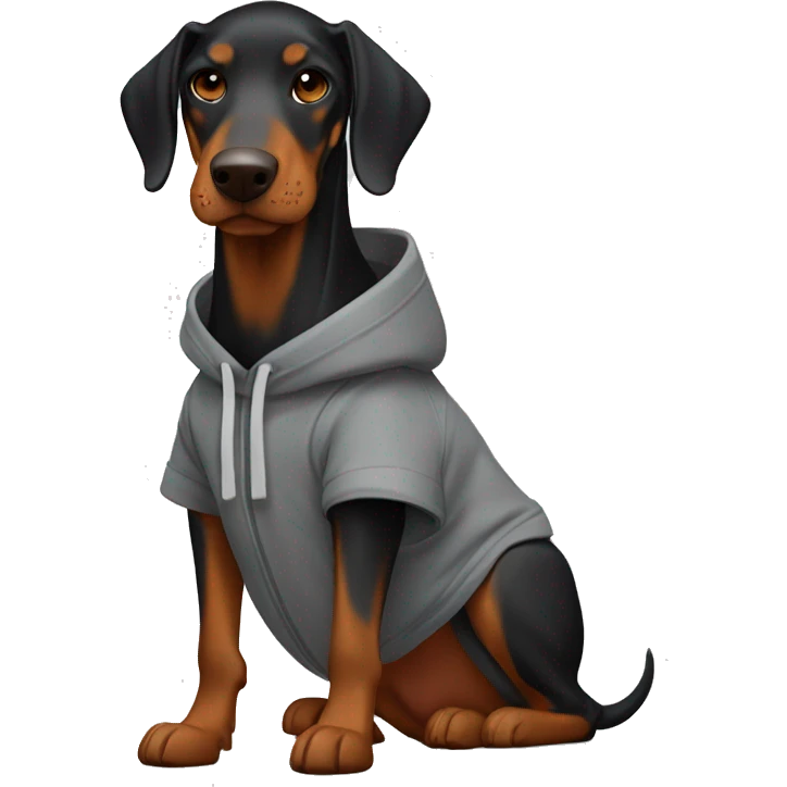 Doberman black with brown tan in a gray hoodie with an orange helmet emoji