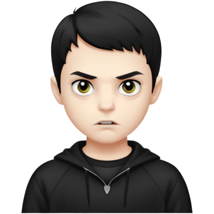 Vampire boy with the short black hair, pale-white skin, black eyes, little fangs and dark circles under his eyes. He has serious face and he wear a black oversize sweatshot emoji