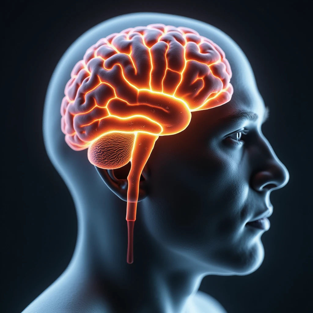 hyper-realistic medical CGI of an obese man with a semi-transparent head revealing brain inside with inflamed hippocampus in red, shrunken prefrontal cortex, yellow lightning for glucose spikes, black amyloid plaques, constricted blood vessels, 4K clinical emoji