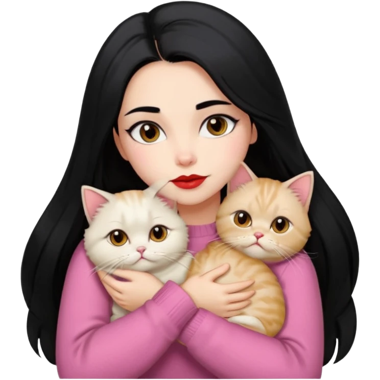 Beautiful Girl Long Hair black, Brows Big , Skin White, Sweater Pale Pink , Big Red Lips, Eyes Brown, Hug Little baby Persa Cream Cat With Cute Eyes emoji