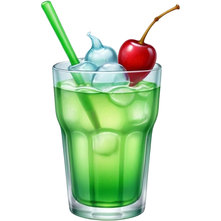 Create an emoji with a very clear rounded glass and ice, bright transparent green soda , a smooth vanilla scoop circle shape, a glossy red cherry, using vibrant colors, soft shading, and clear glass highlights.
 emoji