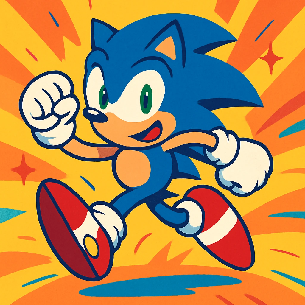 Sonic the Hedgehog, classic blue video game character, energetic pose, vibrant colors, cartoon style emoji