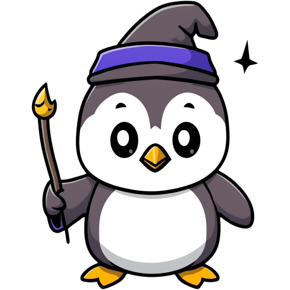 penguin wearing a wizard hat and robe, holding a magic wand emoji