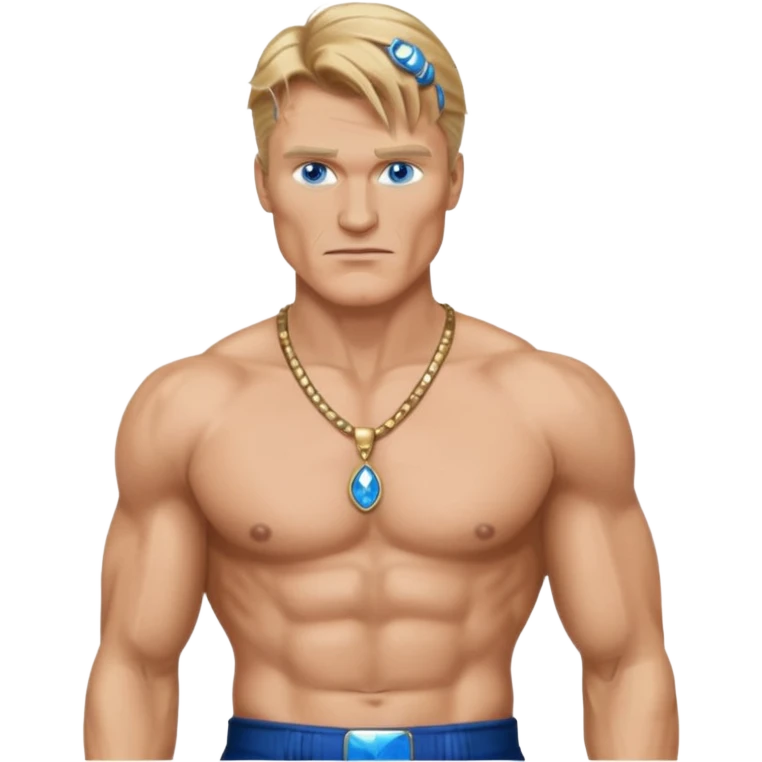 Dolph Lundgern with shirtless with necklace, blue eyes, dark blonde hair, metallic black pants emoji