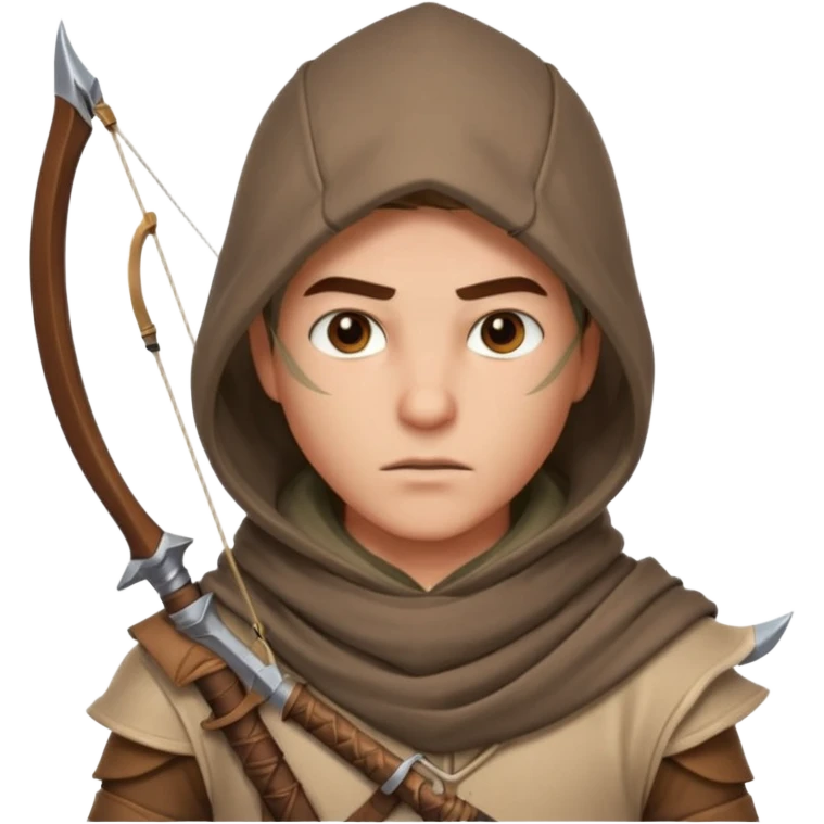 desert archer warrior portrait, head and shoulders only, hooded scarf collar, quiver strap visible, sharp focused eyes, 3D cartoon, mobile game icon style, clean background, no text, no watermark
 emoji