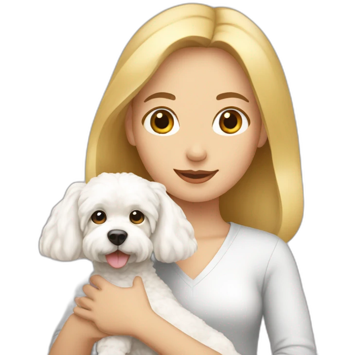 a blonde girl holding a bichonfrise in her hands emoji