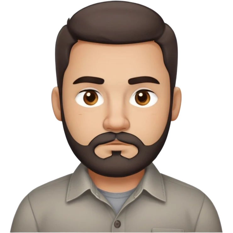 Stocky approachable man with light brown complexion, round friendly face, full cheeks, kind dark eyes, thick eyebrows, wide nose, medium lips with warm expression, short well-maintained full beard, short dark hair with simple cut, wearing a gray casual button-up shirt emoji