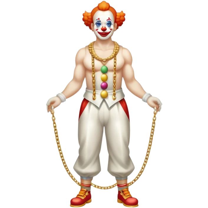 clown with golden chain on the neck doing gym, full height emoji