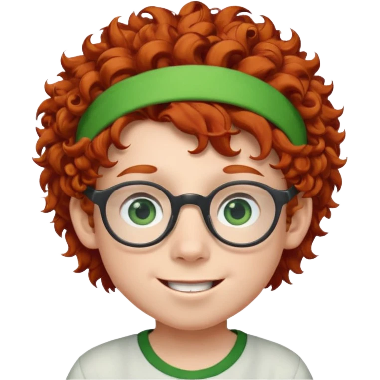 redhead kid with unique face features and very curly hair kid boy happy and big glassess and big nose and very green eyes and headband emoji