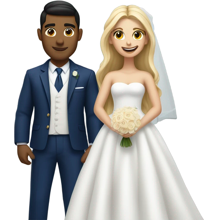 Puerto rican beard short hair with blue hat and navy blue suit getting Married with blond long hair girl with white  wedding dress  emoji