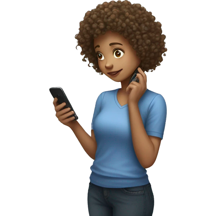 a curly haired girl looking down at the phone in her hand emoji