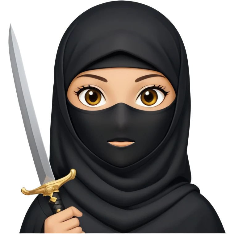 A mysterious girl wearing a black niqab, holding a sharp dagger, with a confident and fearless expression. emoji