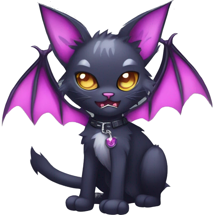   cool edgy kawaii anime-style ethereal dark-punk-themed animal vampiric cat-hybrid Fakemon with fangs and bat-wing-ears with a collar full body emoji