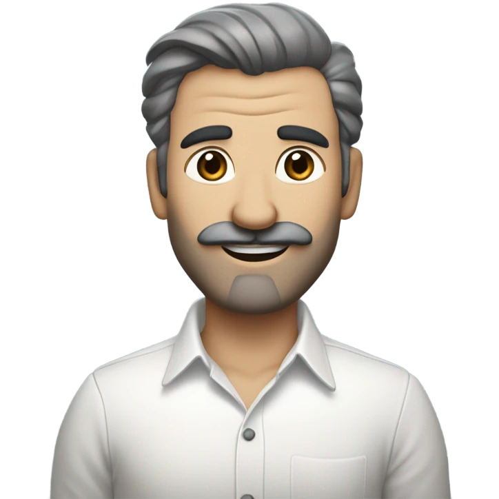 side a white man with blue eyes a thick dark brown and grey moustache, down turned black eyebrows and then dark grey hair he’s wearing an expensive watch and a white shirt and black dressy pants with beige loafers he’s looking at her smiling”  emoji