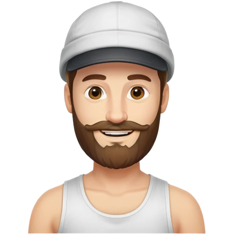 Alex Hormozi, white man with mid-long hair wearing a cap, big beard, smiling, white tank top emoji