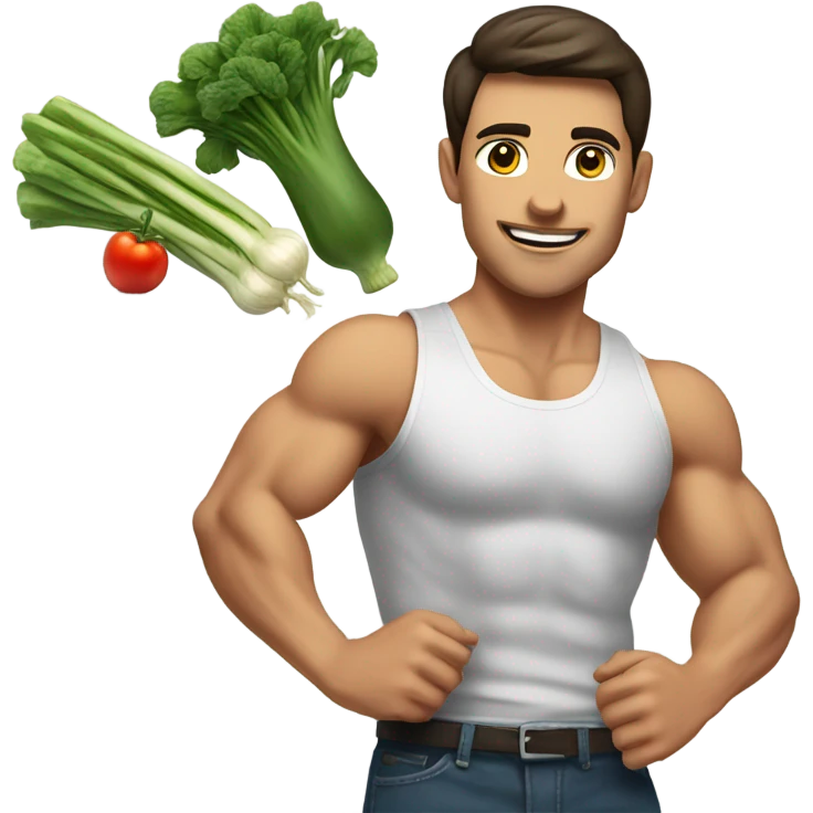 attractive muscular brunette young man using a chopping vegetables emoji