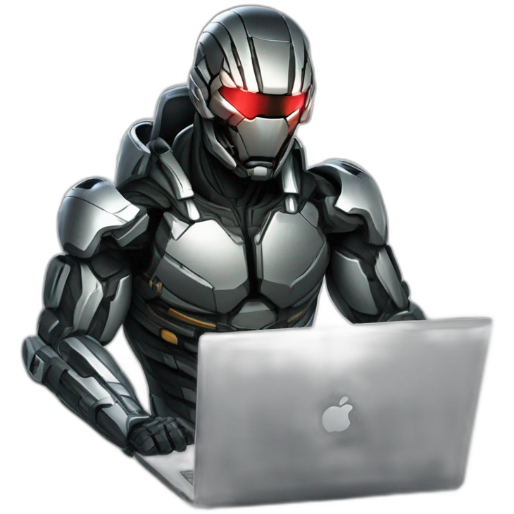 Side view developer behind his laptop with this style : Crytek Crysis Video game with nanosuit hacker themed character emoji