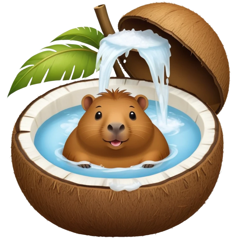 Happy capybara relaxing inside a halved coconut like a bathtub emoji