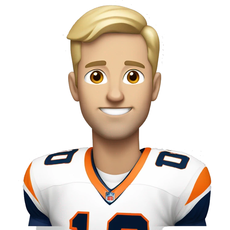 blonde caucasian man with short hair wearing a broncos jersey with the number 10 and holding a football emoji