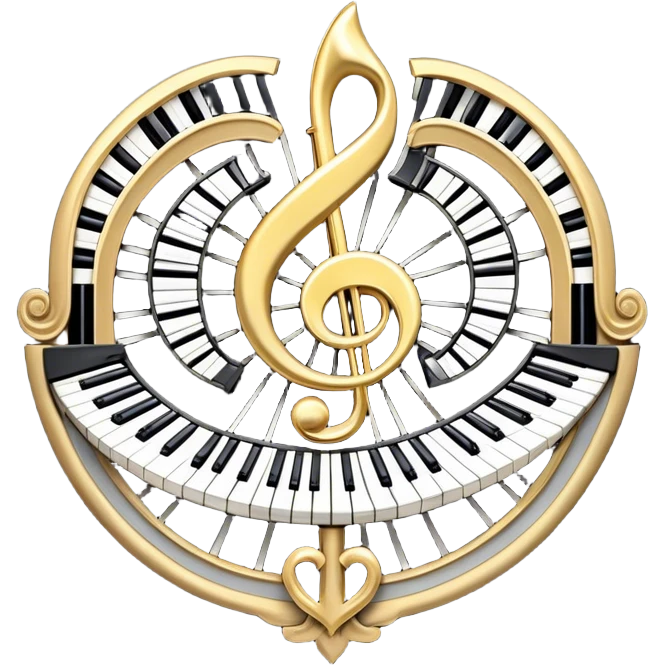 Create an elegant and festive emoji collage representing keyboard instruments, styled like a heraldic emblem. The design should feature a central focal point of black and white piano keys, arranged in a semi-circular or shield-like shape. Around the piano keys, add intertwining musical notes that form flowing ribbons, creating a dynamic and celebratory atmosphere. The design should be professional, with polished silver and gold accents on the keys and notes, highlighting the luxury and sophistication of the instruments. Add subtle shading and lighting effects to give the design a refined, 3D appearance. The background should remain transparent, and the overall feel should evoke grandeur, artistry, and a sense of celebration. emoji