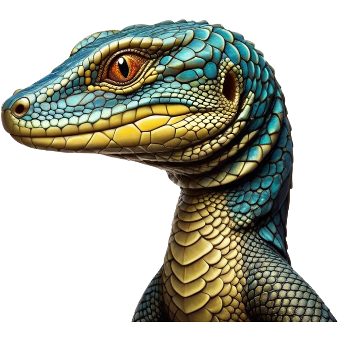 Cinematic Noble Monitor Lizard Portrait Emoji, Poised and regal, with a robust, scaled body exhibiting striking, mottled patterns and piercing, alert eyes, Simplified yet sharp and sophisticated features, highly detailed, glowing with a soft, earthy glow, high shine, intelligent and formidable, stylized with an air of ancient wilderness, focused and commanding, soft glowing outline, capturing the essence of a watchful and confident reptilian guardian that appears ready to stride out of the screen with effortless authority! emoji