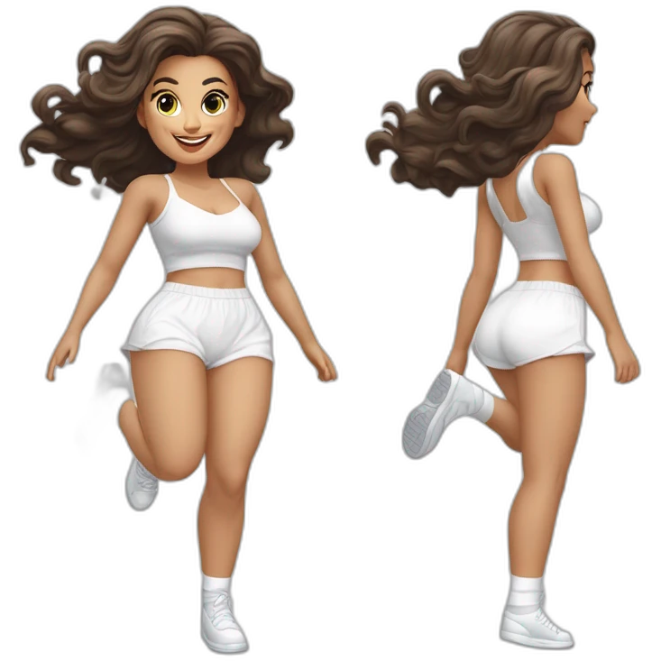 realistic full body caucasian curvy beauty jumping short transparent skirt back and front views strong wind white knickers long white socks emoji