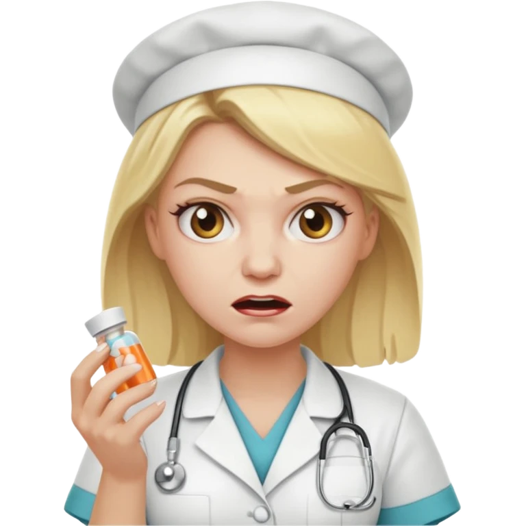 angry blonde nurse with a pills emoji