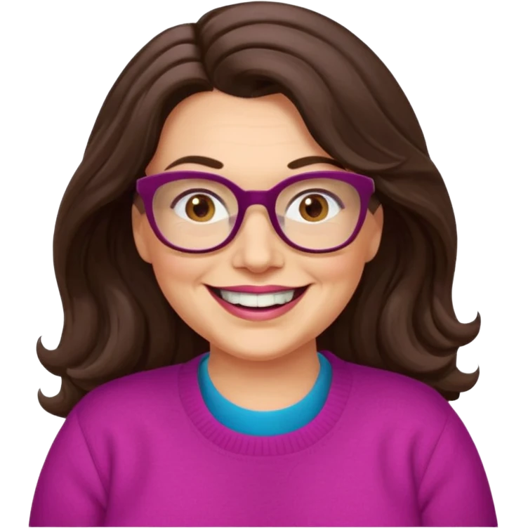 50 yr Caucasian woman, long dark brown hair parted on side, brown eyes, brown glasses, big smile, white teeth, fuscia sweater, chubby, wavy hair emoji