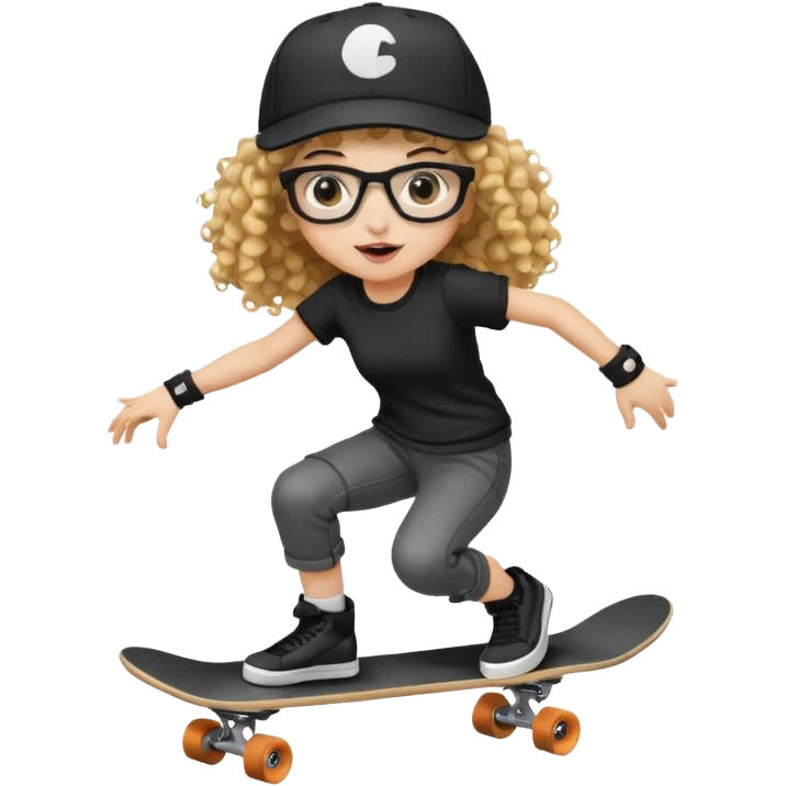 ["An excited girl with light skin, curly hair, wearing a baseball cap and square glasses, dressed in goth fashion, is skateboarding while holding a camera."] emoji