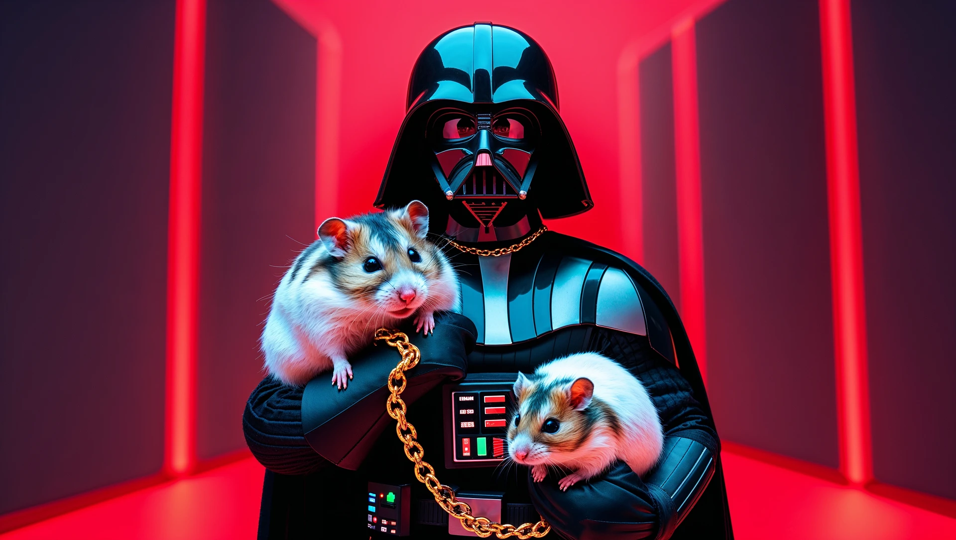Extreme Closeup Photo of a darth vader holding big hamster with golden chain, low key light, red solid background with leading lines, back light, spot light emoji