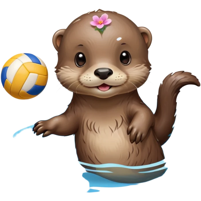 super cute baby otter with a tiny colorful flower on its head, floating on VERY CLEARLY VISIBLE blue water with prominent waves and ripples all around, baby otter with gentle expression holding a volleyball with both small paws above the obvious water emoji