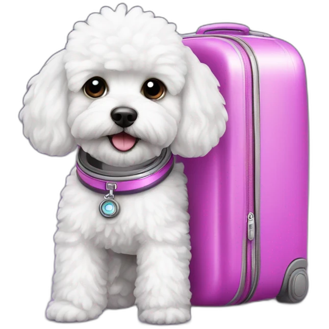 a white maltipoo as purple astronaut with a pink luggage emoji