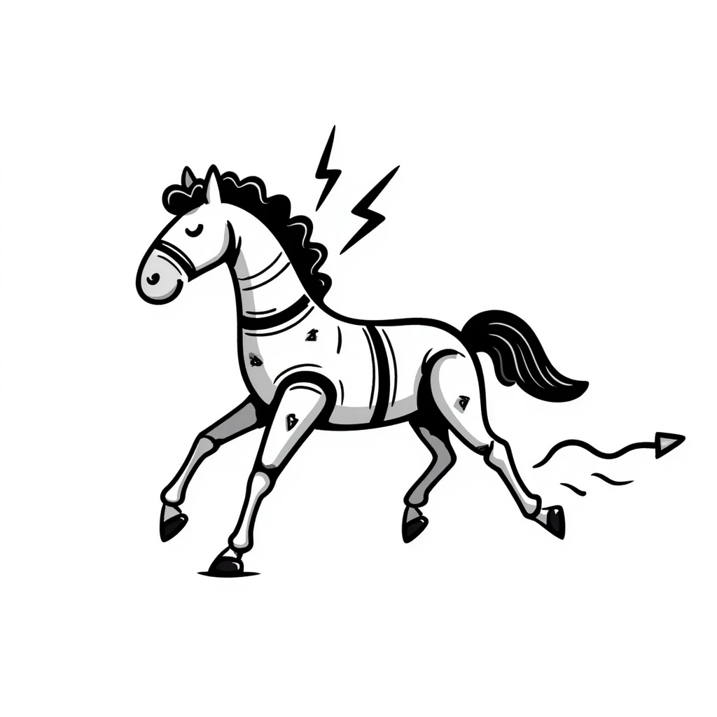 Sketchy electric horse made of metal plates and electrical wires, with lightning bolts shooting off as it gallops at high speed emoji