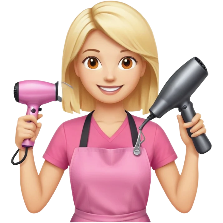 smiling blonde woman hairstylist, pink t-shirt, orange apron, hands raised, holding scissors and hairdryer emoji