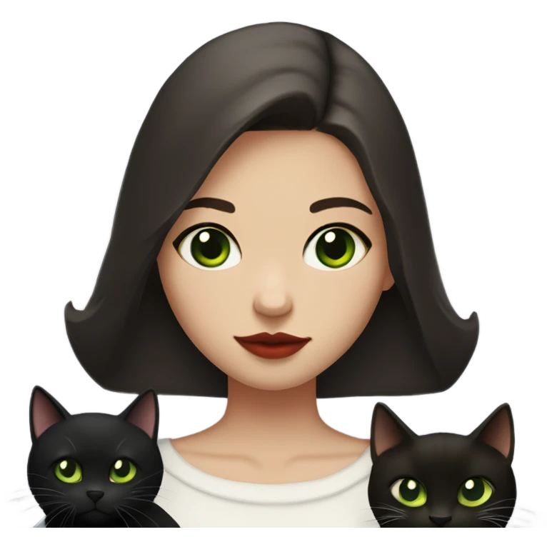 A teenage girl with white skin, she have some green hazel eyes, red lipstick, mid long straight dark brown hair, she have an eyeliner and she is holding a black cat in her arms, view from close emoji