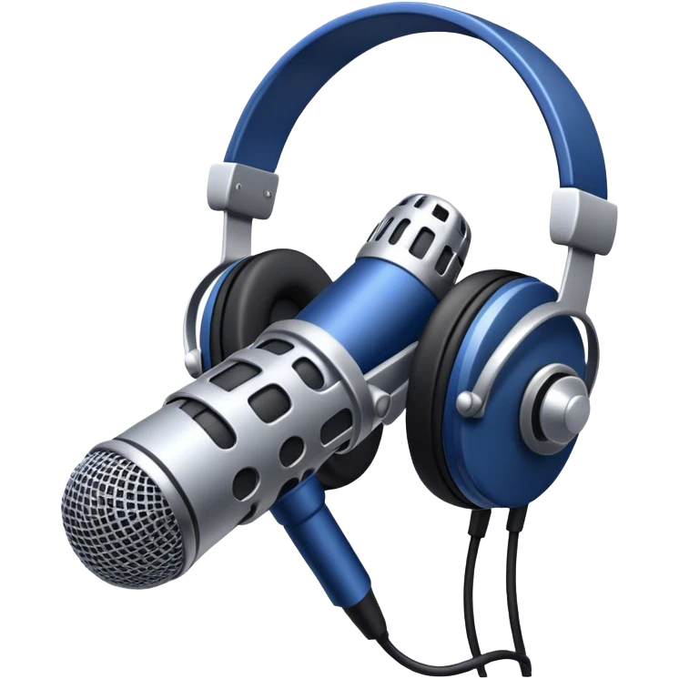 Create a sleek and professional emoji that represents voice acting and dubbing equipment. The design should feature a high-quality microphone, a sound mixer or audio interface, and headphones to symbolize the recording and technical process. Include elements like a soundproof booth or audio cables to reflect the studio environment. Use a modern, clean design with colors like silver, black, and dark blue to represent the professional side of voice acting. The background should be transparent. emoji