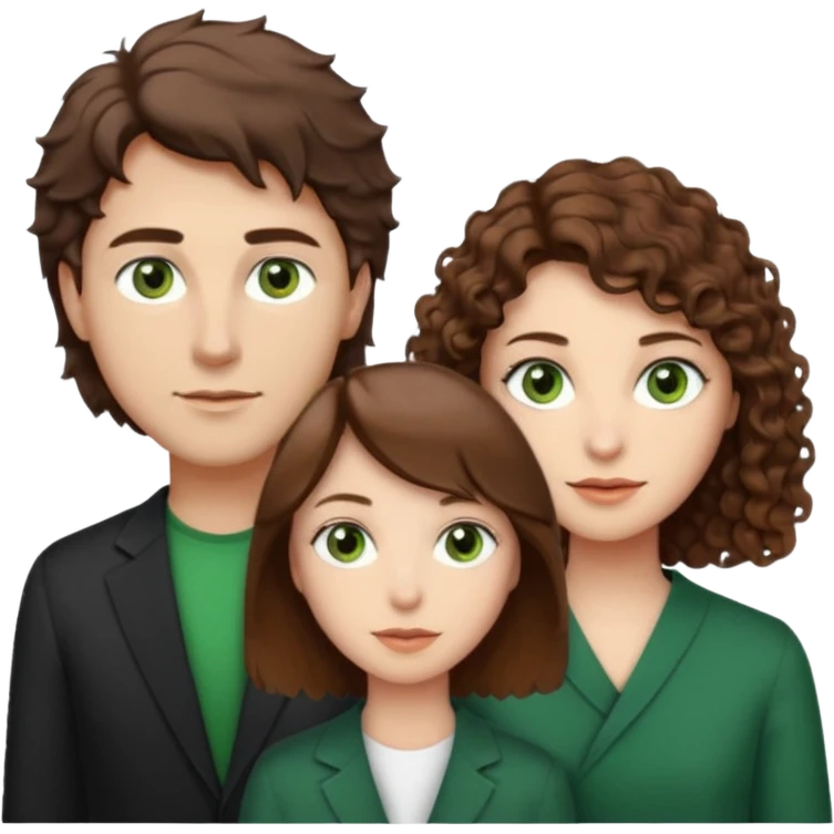 Man in the middle with brown straight hair and green eyes, women next to him with short brown hair with slight waves, tall women on right side with shoulder length curly hair and brown eyes emoji
