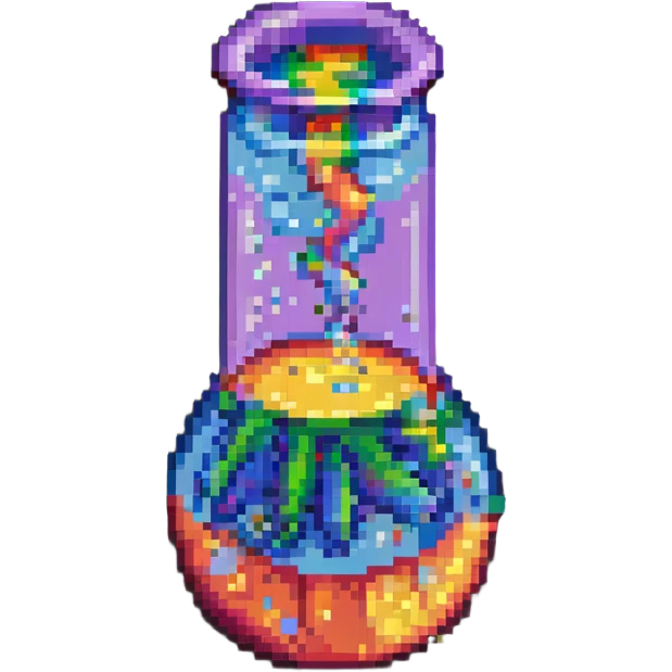 8-bit pixel art of a lab beaker filled with shimmering, bubbling rainbow liquid emoji