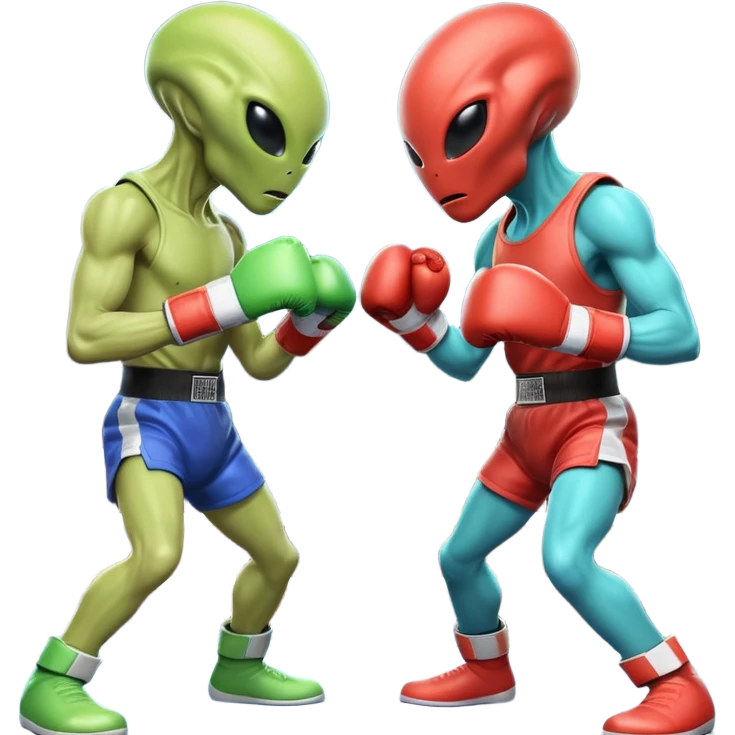 two aliens boxing in a fight stance, facing each other with raised gloves, dynamic action pose, intense expressions, sci-fi arena vibe, 3D cartoon style, mobile game icon style, clean background, no text, no watermark
 emoji