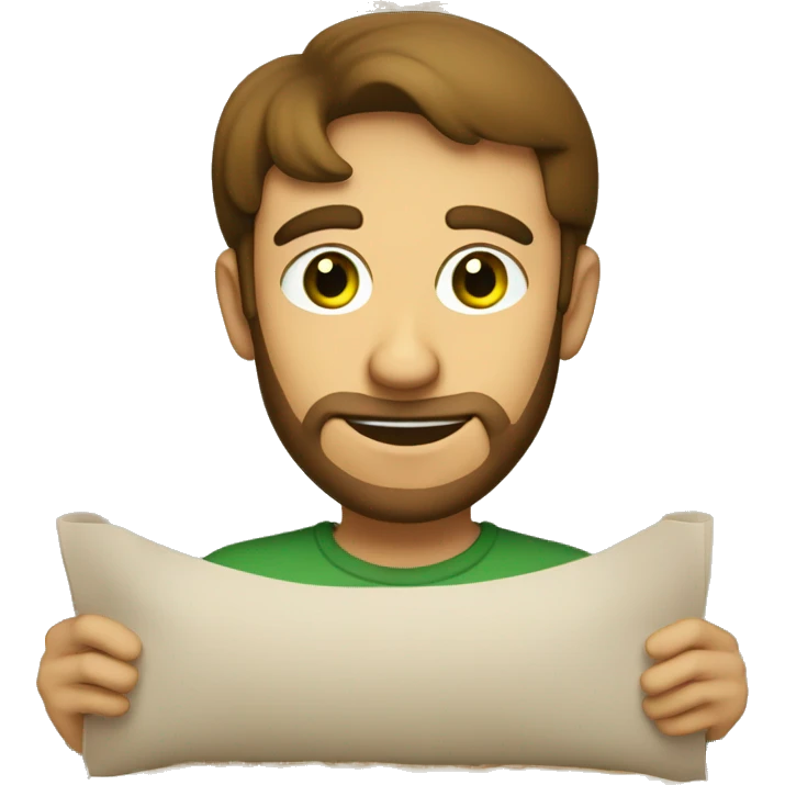 a light-skinned green-eyed man with brown hair sitting in front of the paper scroll  emoji