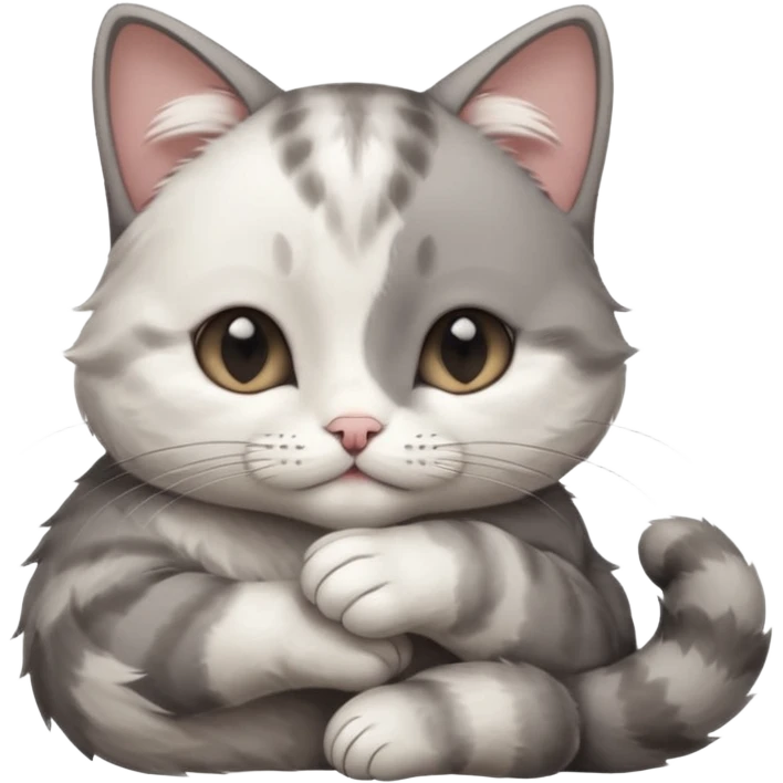 grey and white small cat with its eyes closed lying down with its paw curled under his chin holding it up emoji