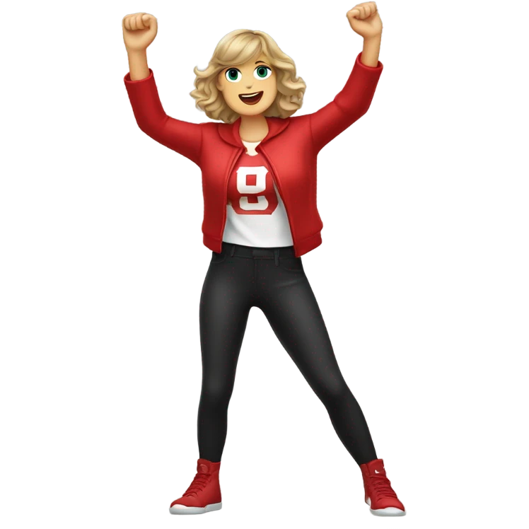 taylor swift wearing red holding touchdown arms emoji