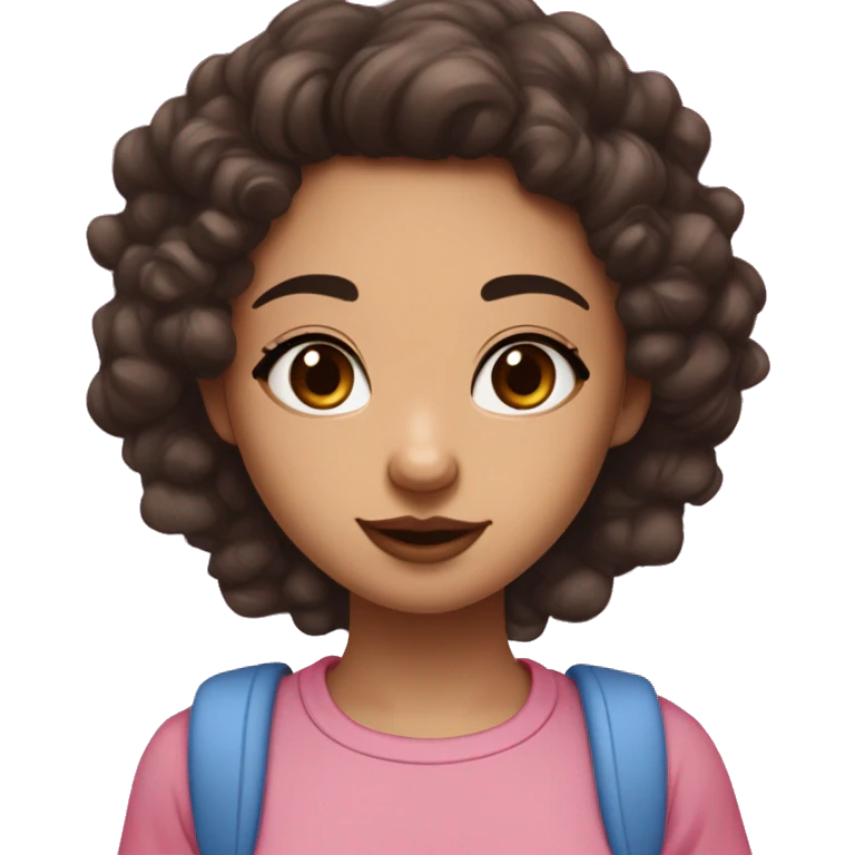 girl has darkbrown curlyhair and brown eye  a skin between white and brown and a Asian type nose and a mole uner her nose and between har first lip and her nose and she has also kinda big forhead and pink kinda big lips and wearing a pink and blue t shirt emoji