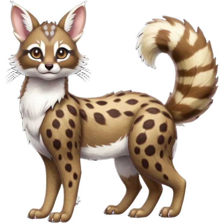 Colorful dark realistic chocolate-brown tropical beige fur glorious divine exotic cute cool beautiful shiny beautiful fantasy-Furret-Eevee-caracal-civet-genet-sergal-vernid-Cacomistle-oncilla-animal-Fakémon-hybrid-fursona with white deer-spots pattern markings (full body) emoji