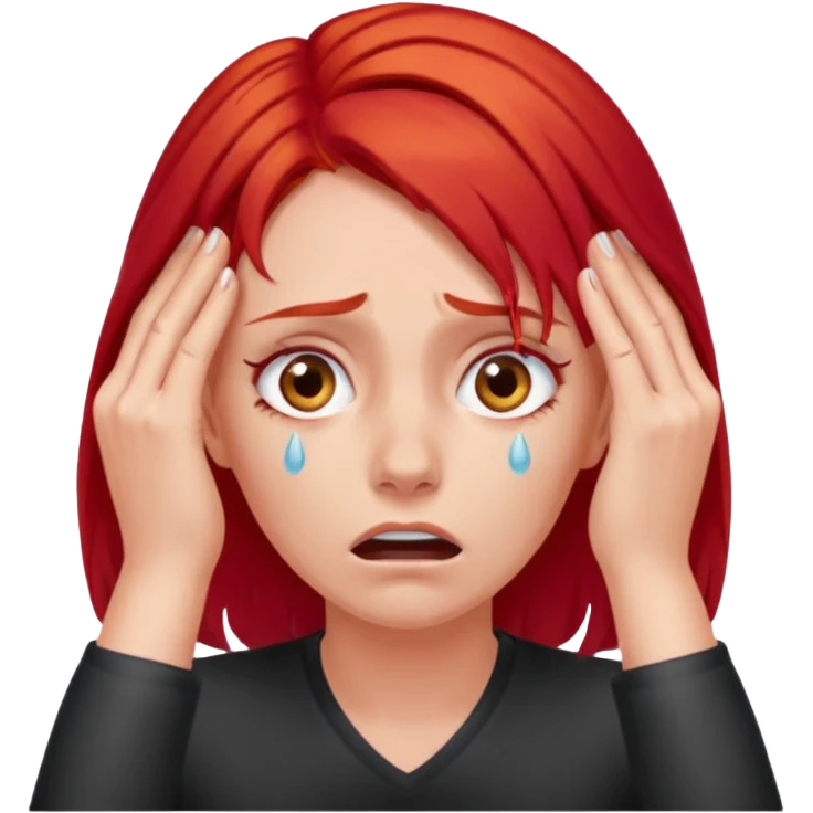 A realistic waist-up portrait of a frightened woman with her hands on her head and red hair emoji